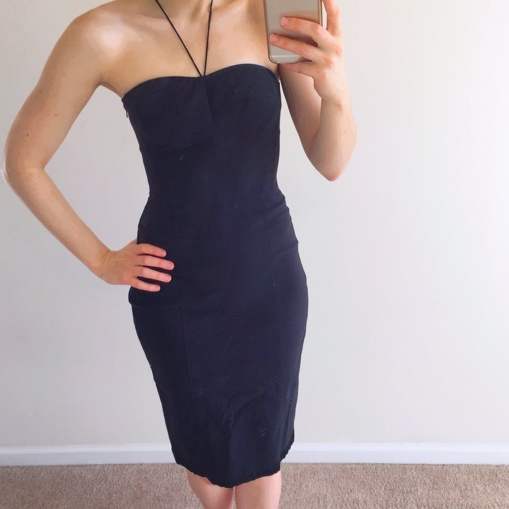 Express Strapless Stretch Little Black Dress Midi Length LBD
